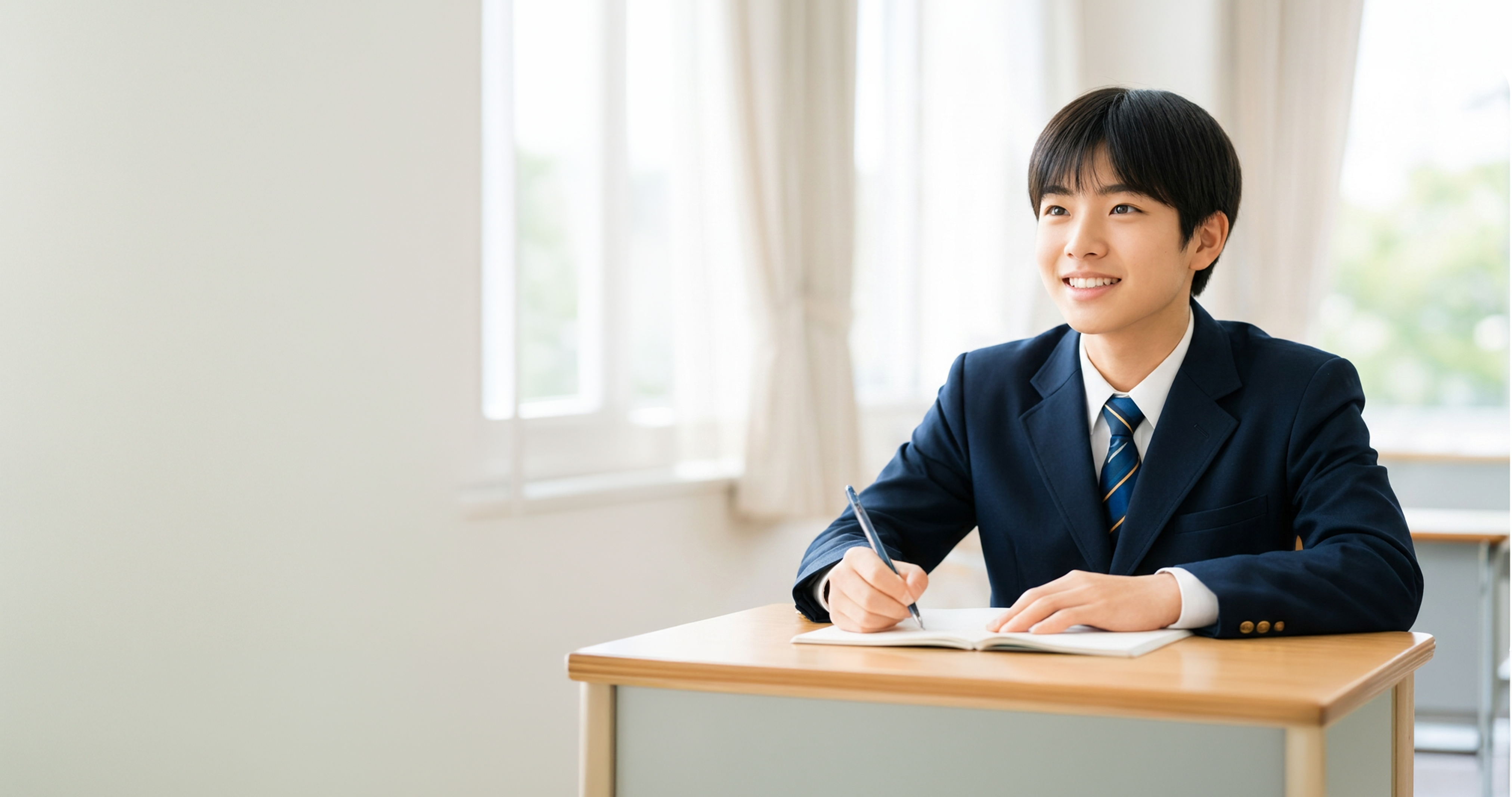 机に向かって勉強する学生服の男性