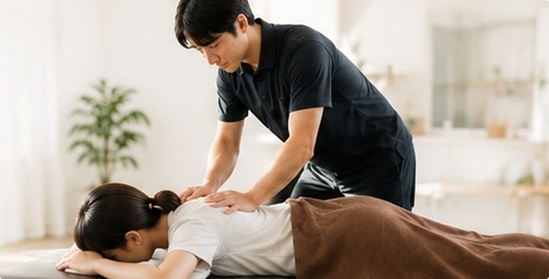 整体施術を受けている女性と施術者