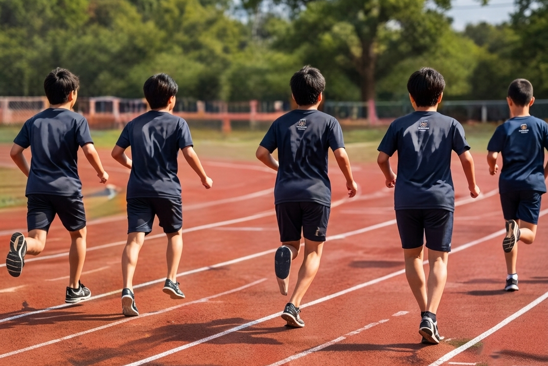 トラックを並んで走る水曜日の運動兼陸上教室の参加者たち