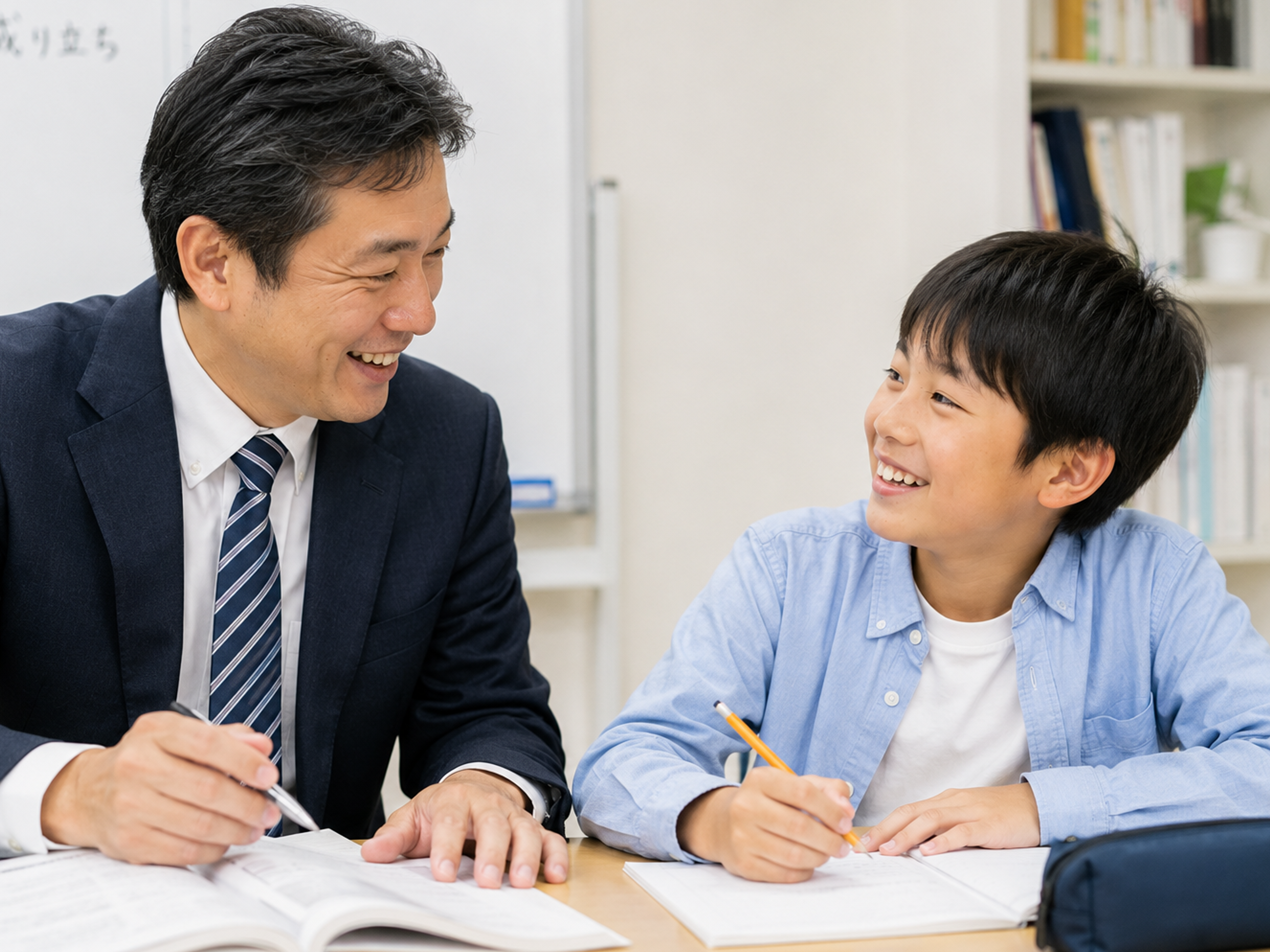 向かい合って学習指導を受ける男子生徒と講師