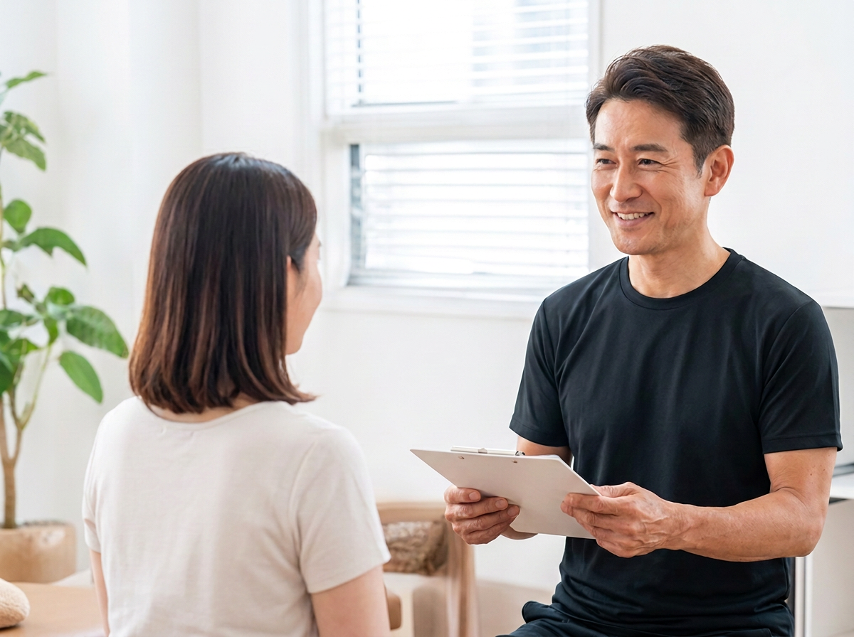 タブレットを見せながら女性に説明する施術者