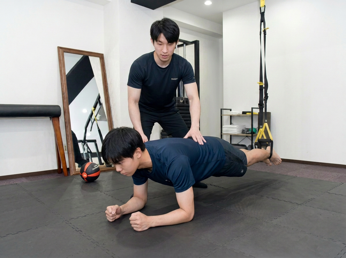 トレーナーの指導を受けながらプランク動作をする男性