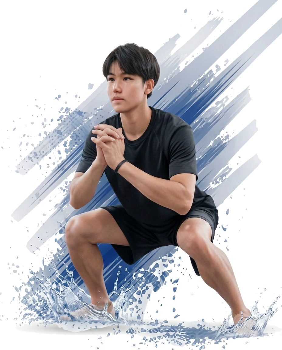 水しぶきを上げながらトレーニングをする男性選手